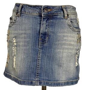 Vtg Y2k Distressed Sequin Embroidered Denim Mini Skirt Grunge Mcbling Bratz Sz 7